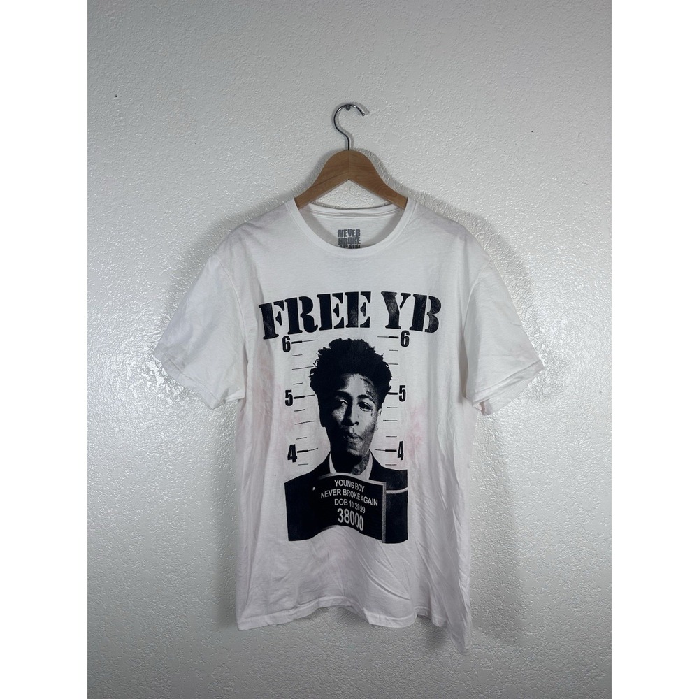 NBA YoungBoy Never Broke Again Free YB Mugshot Graphic T-Shirt White Size Large